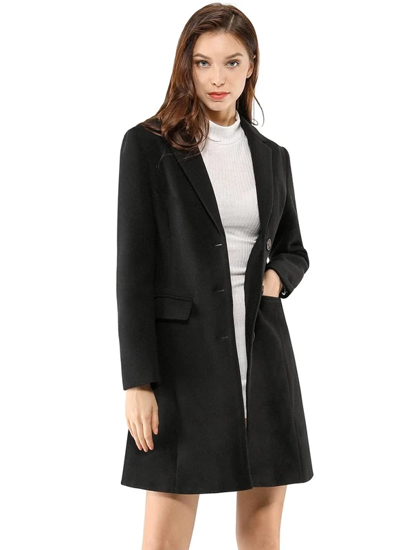 Allegra K Women's Notched Lapel Single Breasted Outwear Winter Coat Blacks XS