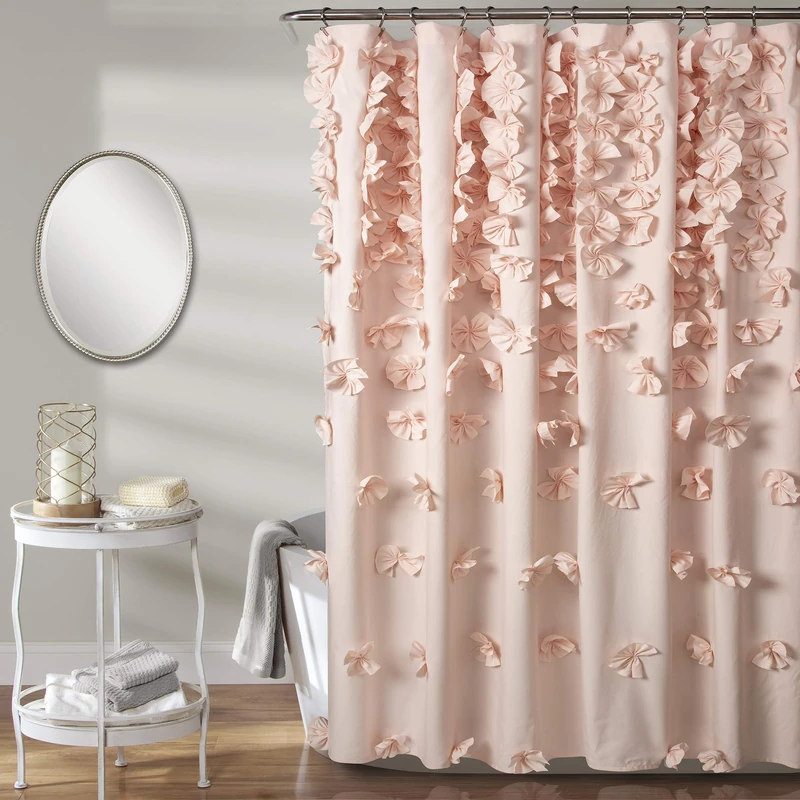 Lush Decor Riley Shower Curtain, 72" W x 72" L, Blush - Luxury Shower Curtain With Bows - Charming Texture - Beautiful & Elegant Girly Bathroom Accessory - Romantic, Vintage Glam Bathroom Decor