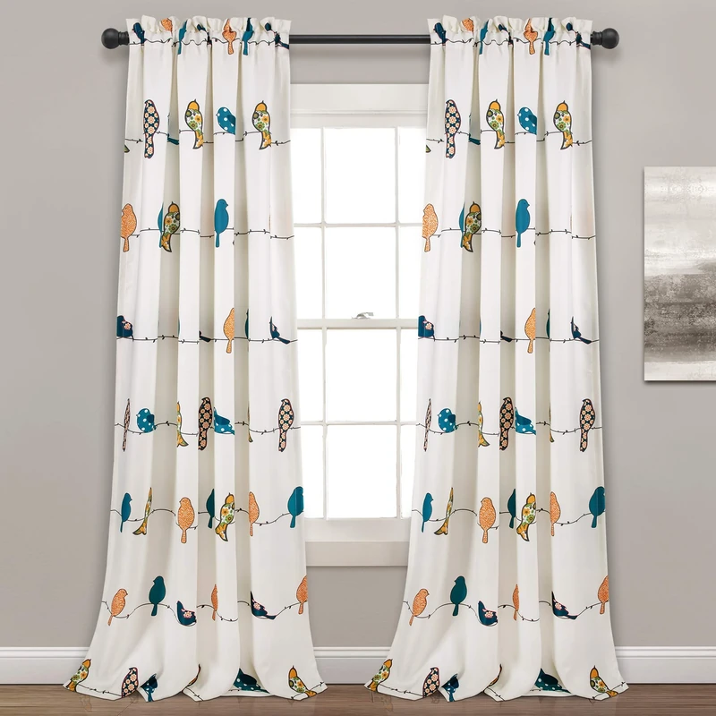 Lush Decor Rowley Birds Curtains Room Darkening Window Panel Set for Living, Dining, Bedroom (Pair), 52" W x 95" L, Multi