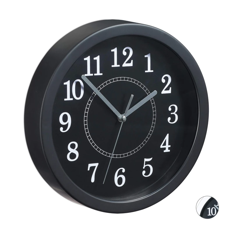 Relaxdays Round Wall Clock, Ø 20cm, Hanging Wall Clock, Classic Design, Battery-Operated, Black