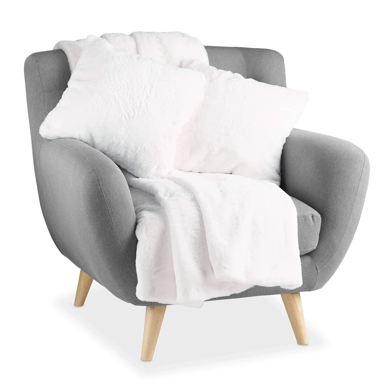 Relaxdays Comfy Throw Blanket, 3-Piece Set, Fluffy, 150x200 cm, 2 Pillows with Fur Look, Creamy White