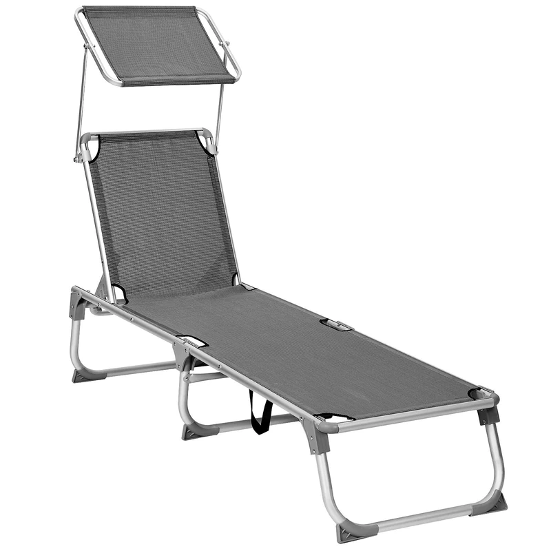 SONGMICS Sun Lounger, Sunbed, Reclining Sun Chair with Sunshade, Adjustable Backrest, Foldable, Lightweight, 55 x 193 x 31 cm, Load Capacity 150 kg, for Garden, Patio, Dark Grey GCB19WGV1