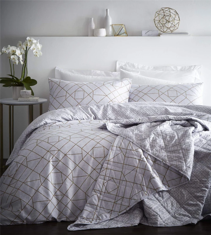 Gatsby Geometric Quilted Bed Throwover, Percale Cotton, Off White Ivory - Image 1