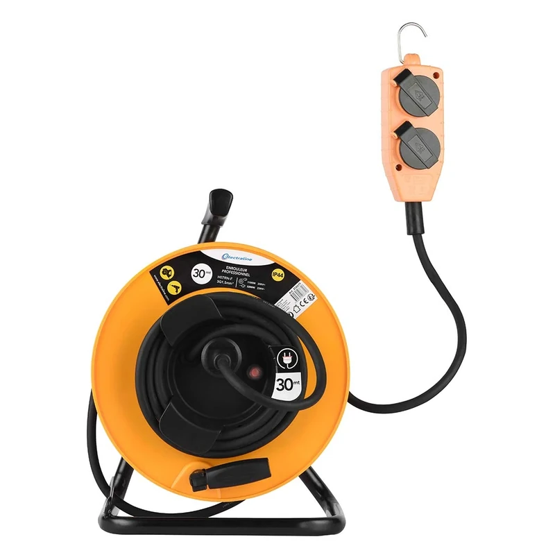Electraline 49211 Professional Cable Winder with 4 Sockets Schuko, Fixed Drum, 3G1.5, 30 Metres, IP44