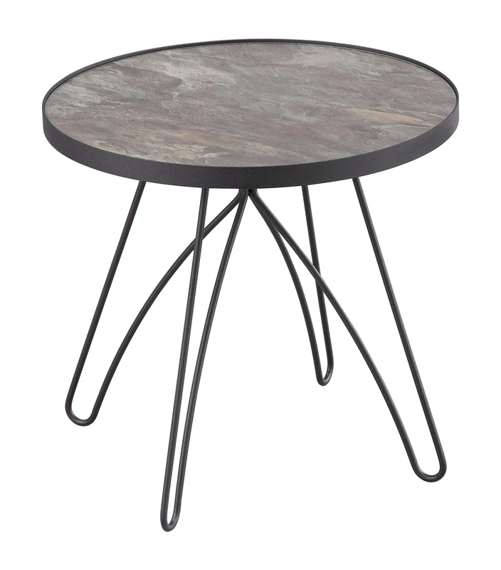 ASPECT INES Side/End Table-Marble Glass Top, Metal Base, Black/Brown, 48 Diameter x 44(H) cm