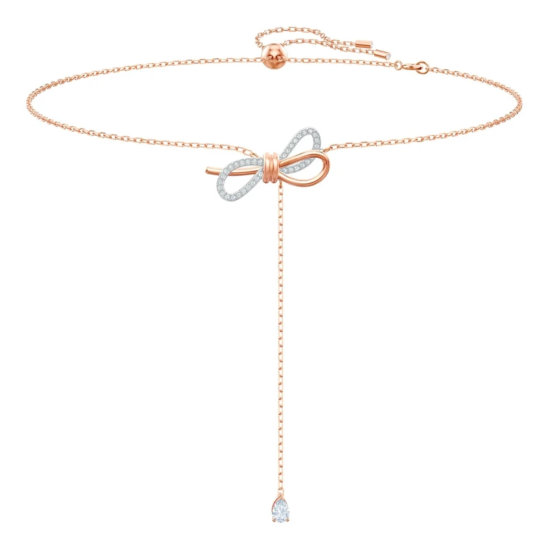 Swarovski Lifelong Bow Y Necklace with a Mixed Metal 3D Bow Motif and Sparkling White Crystals, Adjustable Chain, Part of the Lifelong Bow Collection