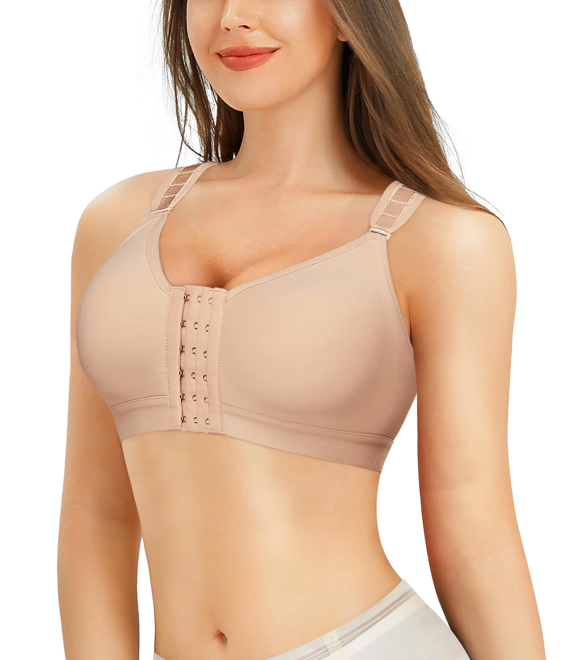 Bafully Women Post-Surgical Sports Support Bra Front Closure with Adjustable Straps Wirefree Racerback (Beige, M)