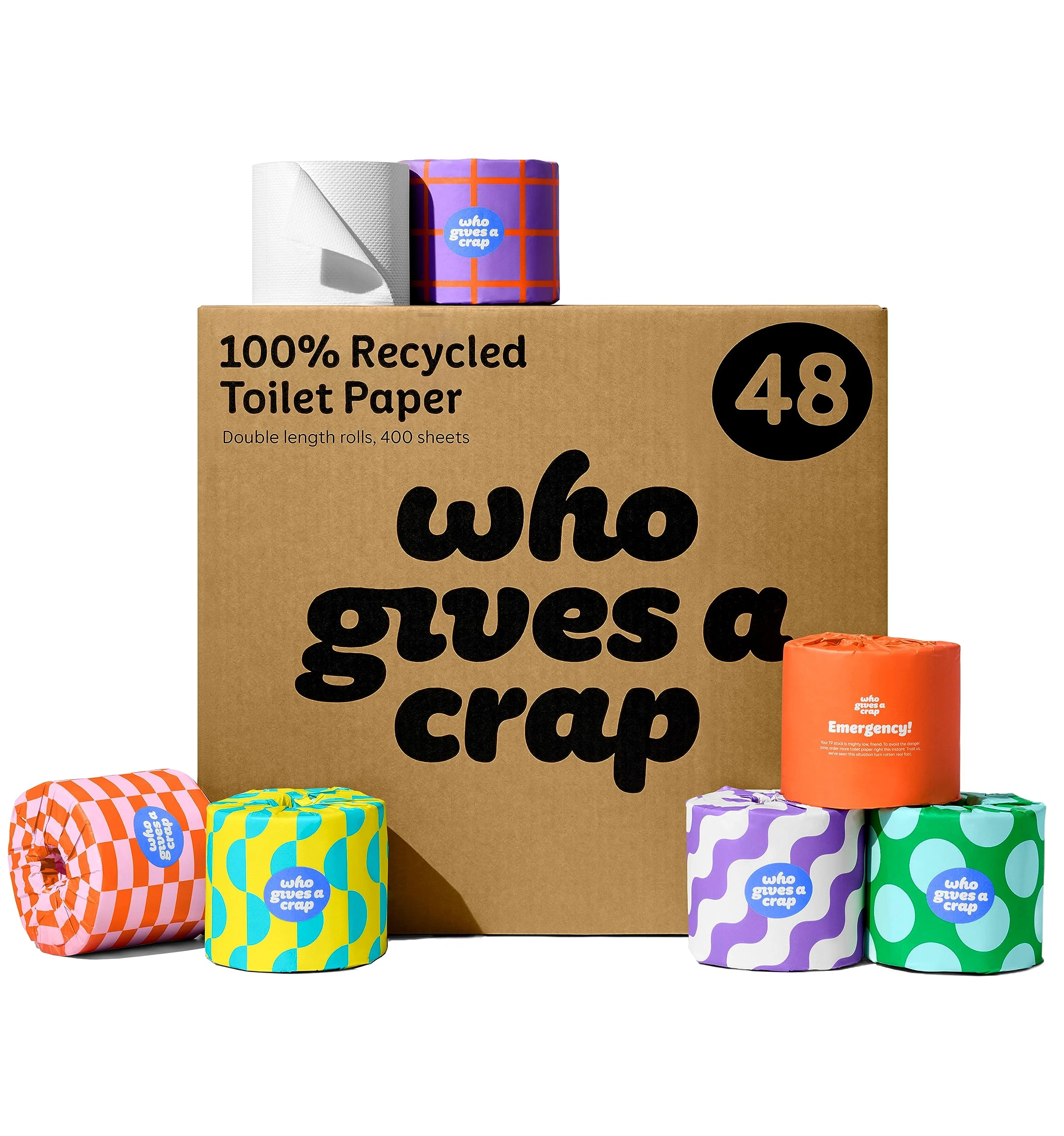 Who Gives A Crap – 100% Recycled, Twice as Long, Sustainable Toilet Roll, Box of 48 (3-Ply, 400 Sheets) - Soft, Strong, Sustainable