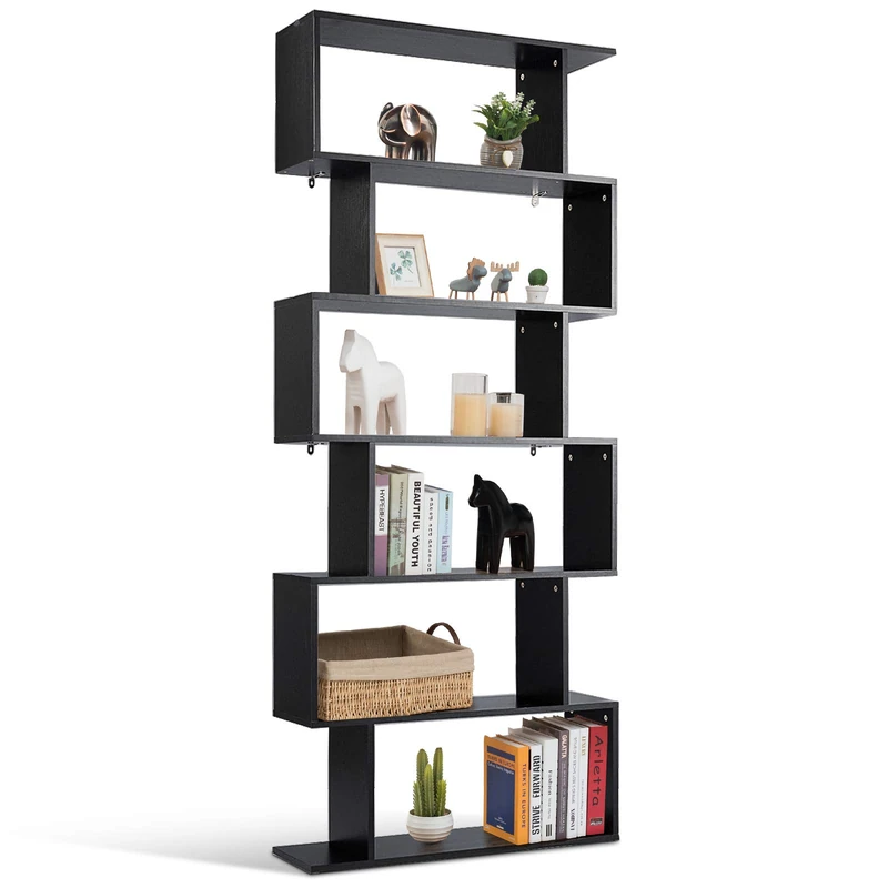 CASART 5/6 Tier Wooden Bookcase, Free Standing Shelving Stand Rack, S-Shaped Bookshelf Storage Display Unit (Black, 80 x 23 x 192cm)