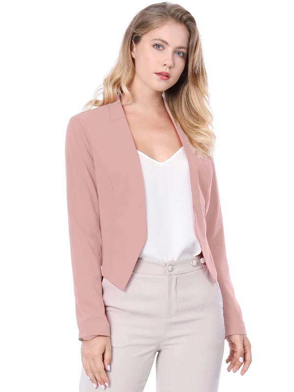 Allegra K Women's Collarless Work Office Business Casual Cropped Blazer Jacket Pink XL-20