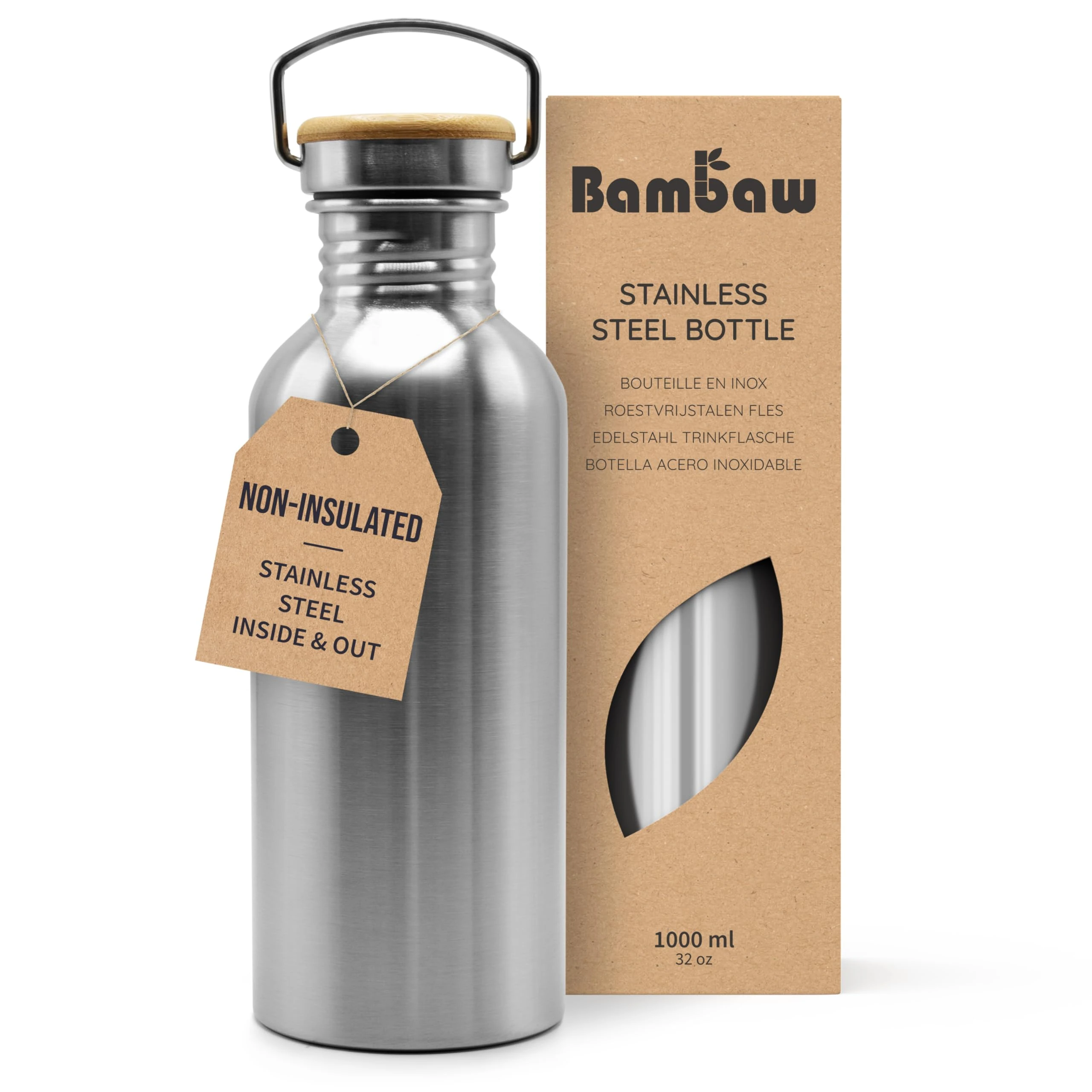Bambaw Stainless Steel Water Bottle | 1 Litre Water Bottle | Non Insulated Single Wall Bottle | Plastic Free and Leakproof Metal Water Bottle | 1l Water Bottle | Multi-purpose Water Bottle