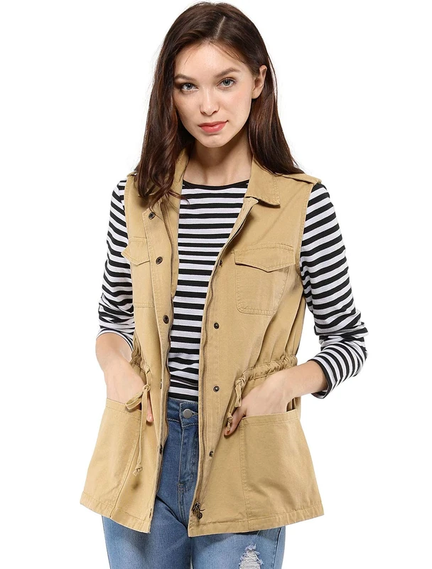 Allegra K Women's Drawstring Lightweight Utility Anorak Cargo Vest Khaki 20