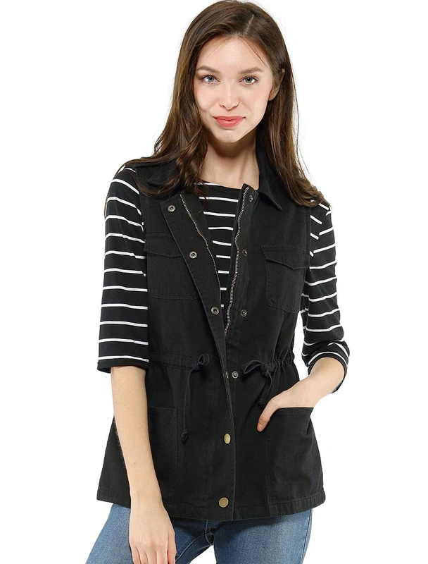 Allegra K Women's Zip Up Sleeveless Jacket Utility Outwear Cargo Vests