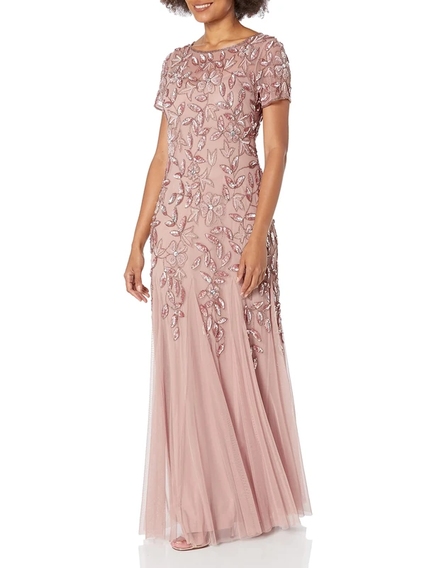 Adrianna Papell Women's Floral Beaded Godet Gown Formal Night Out Dress, Rose Gold, 18 UK