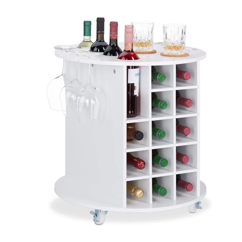 Relaxdays Wine Shelf with 360° Casters, 6 Glass Holders, Wine Storage for 17 Bottles, Round, HxD: 56x54cm,White