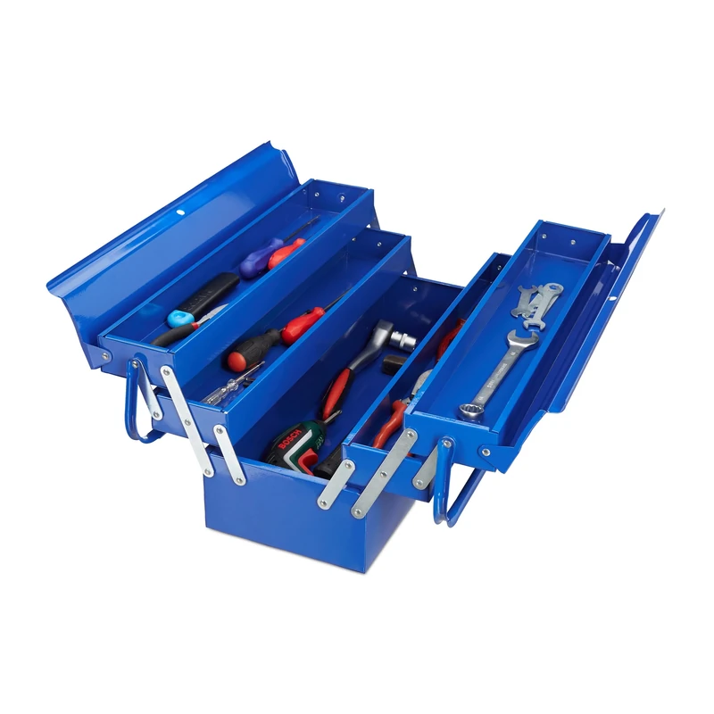 Relaxdays Empty Tool Box, 5 Compartments, With Handle, Metal, Lockable, Toolbox, HWD 21 x 53 x 20 cm, Blue