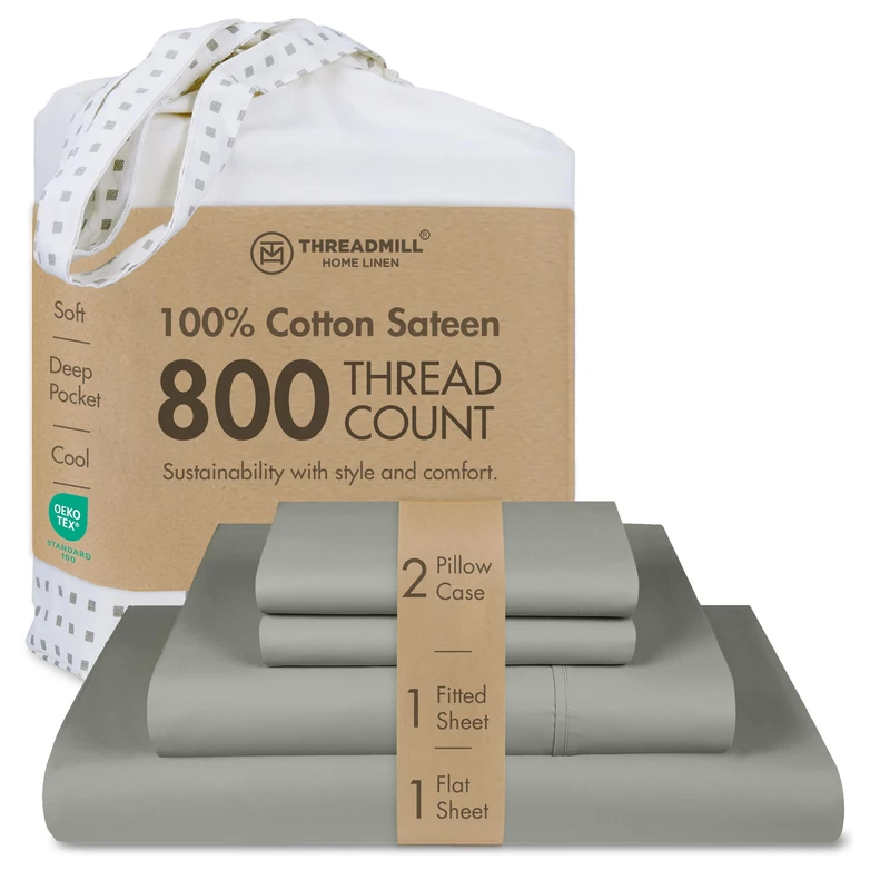 Threadmill Home Linen Queen Sheets - 800 Thread Count Sateen Weave, 100% Natural Cotton 4 Piece Solid Bedding Set, Extra Long Staple Cotton, Supreme Moonrock Grey Sheets with Elasticized Deep Pocket