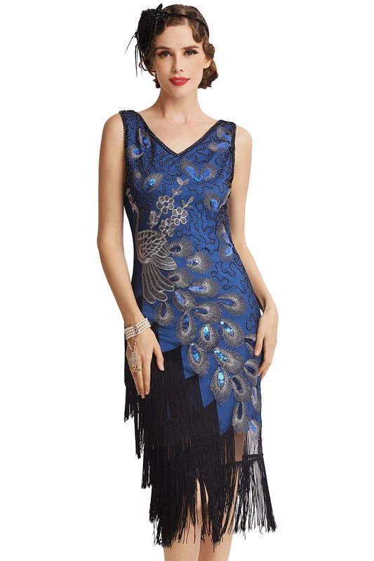 BABEYOND 1920s Vintage Peacock Sequined Dress Gatsby Fringed Flapper Dress Roaring 20s Party Dress, Blue with Black Fringe, Medium