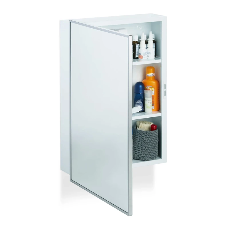 Relaxdays Bathroom Mirror Cabinet, Hanging Home Pharmacy, Steel, Wall-Mount, 3 Tiers, HWD: 56x40.5x12.5 cm, White