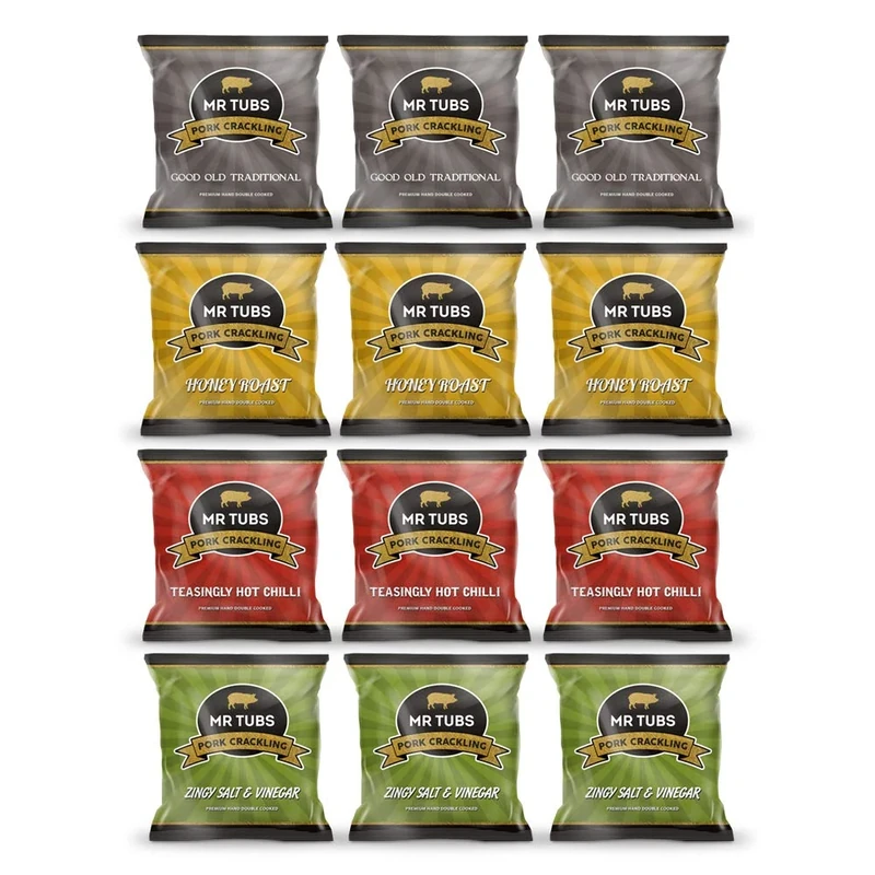Mr Tubs Premium Double Hand Cooked Pork Crackling - Mixed Flavour Pack Foil Bags (12 x 28g Bags) - Gourmet Crackling, not Scratchings