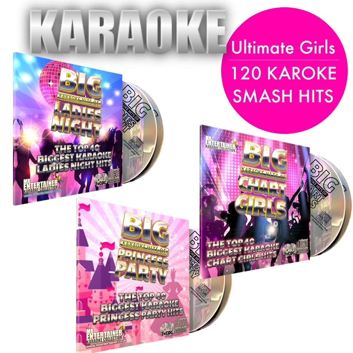 Mr Entertainer Ultimate Girls Karaoke CD+G (CDG) Bundle. 120 Great Hits from Chart to Ladies Night, Princesses to Disney