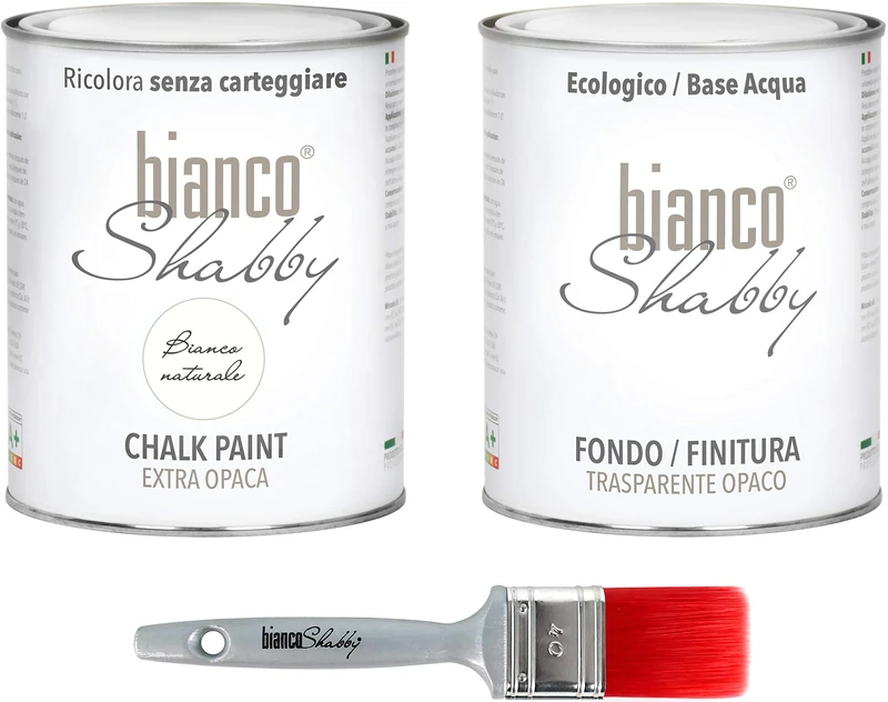 CHALK PAINT & FINISH + BRUSH - Bianco Naturale Extra Matte Shabby Chic Paint (1 Liter) + Matte Transparent Finish (1 Liter) + 1 Pro Brush 40mm