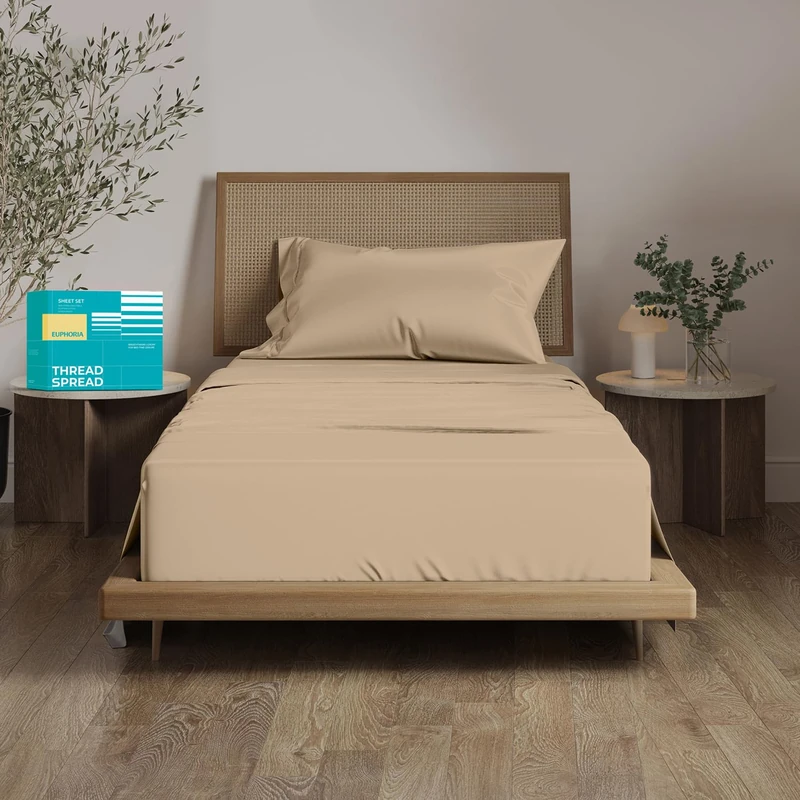 THREAD SPREAD 100% Egyptian Cotton Sheets Twin Size - 800 Series Euphoria Collection Extra Long Twin Sheets for Dorm (3 PC,Taupe), 16" Deep Pocket Cooling Hotel Sheet Set for Twin Size Bed