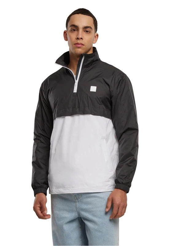 Urban Classics Men's Windbreaker Pull Over Jacket Stand Up Collar, Multicoloured (Blk/Wht 00050), L