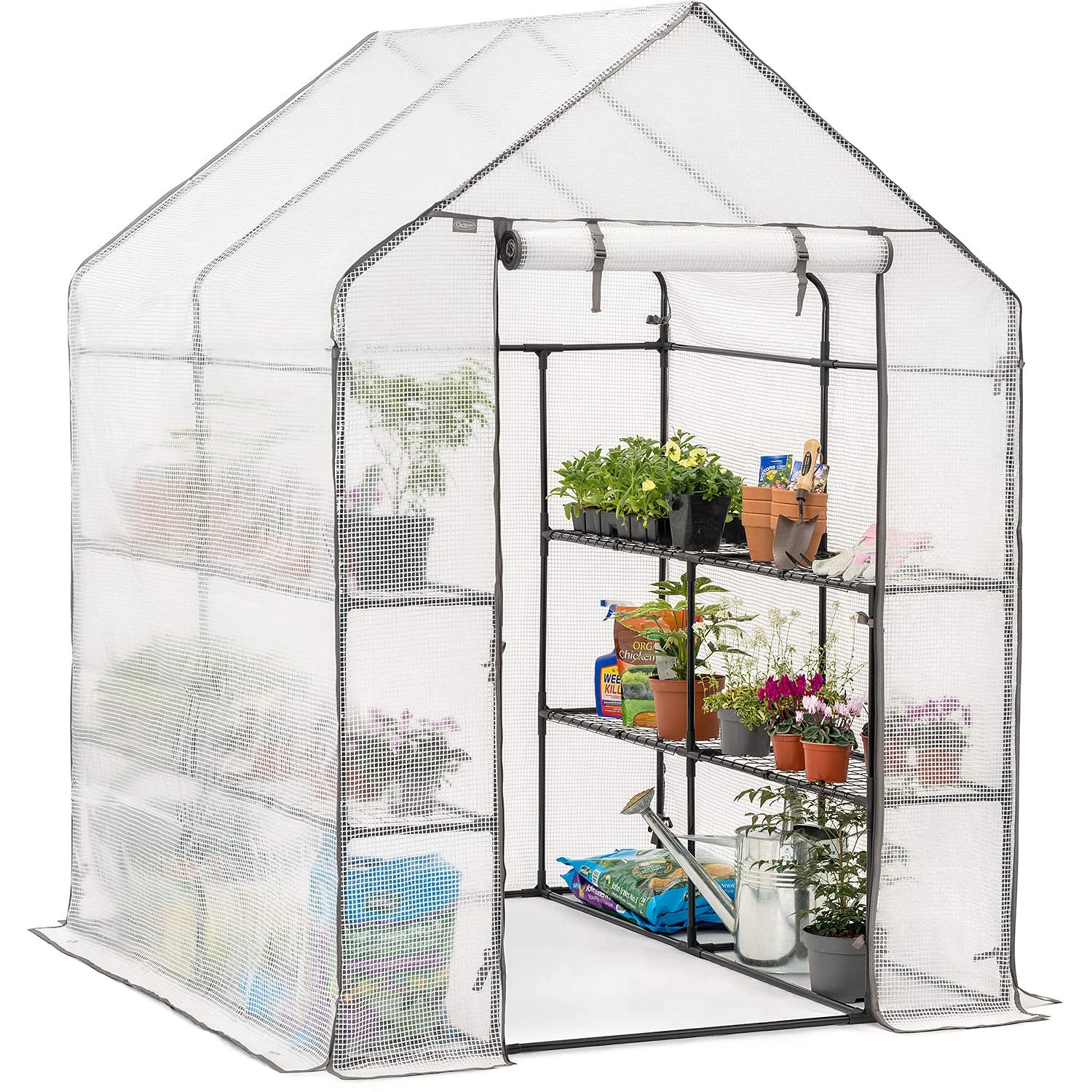 Christow Walk In Greenhouse With Shelves, Reinforced Green House With Tubular Steel Frame, 8 Shelf Heavy Duty Growhouse, 6ft 4in x 4ft 7in x 4ft 7in