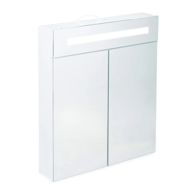 Relaxdays LED Mirror Cabinet, 2 Doors, 3 Compartments, Power Socket, LED Wall Shelf, Steel H x W x D: 67 x 60 x 12 cm, White