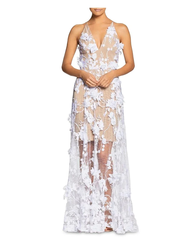 Dress the Population Women's Embellished Plunging Gown Sleeveless Floral Long Dress, White/Nude Sidney, XS