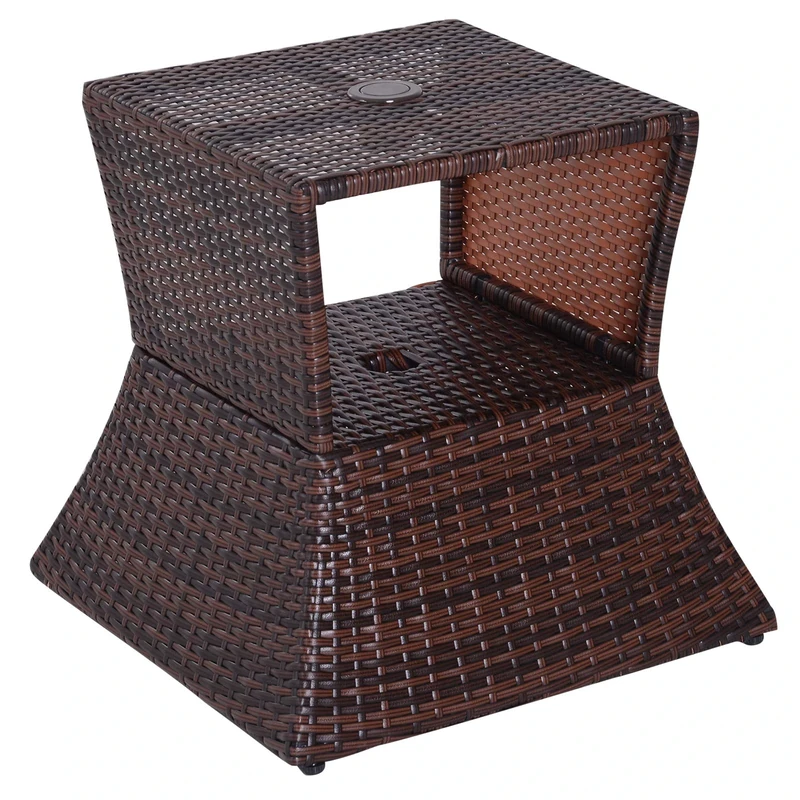 Outsunny Outdoor Patio Rattan Wicker Coffee Table Bistro Side Table w/Umbrella Hole and Storage Space, Brown