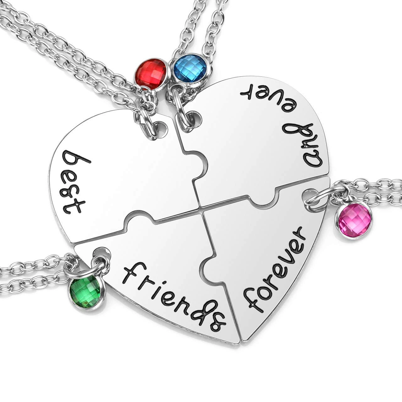 JSDDE Partner Necklaces Set of 4 BFF Pendants with Engraving Best Friends Forever and Ever Heart Puzzle Pendant Friendship Necklaces Gift for Sister Friends (Silver)