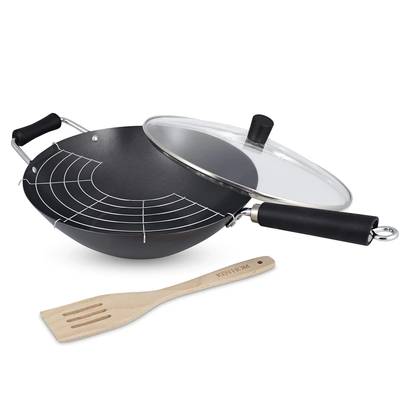 Ken Hom Carbon Steel Wok Set, 31cm, Includes Non Stick Wok, Lid, Tempura Rack, Spatula, Excellence, Induction Hobs/Metal Tool Safe/Phenolic Handle, Dishwasher Safe