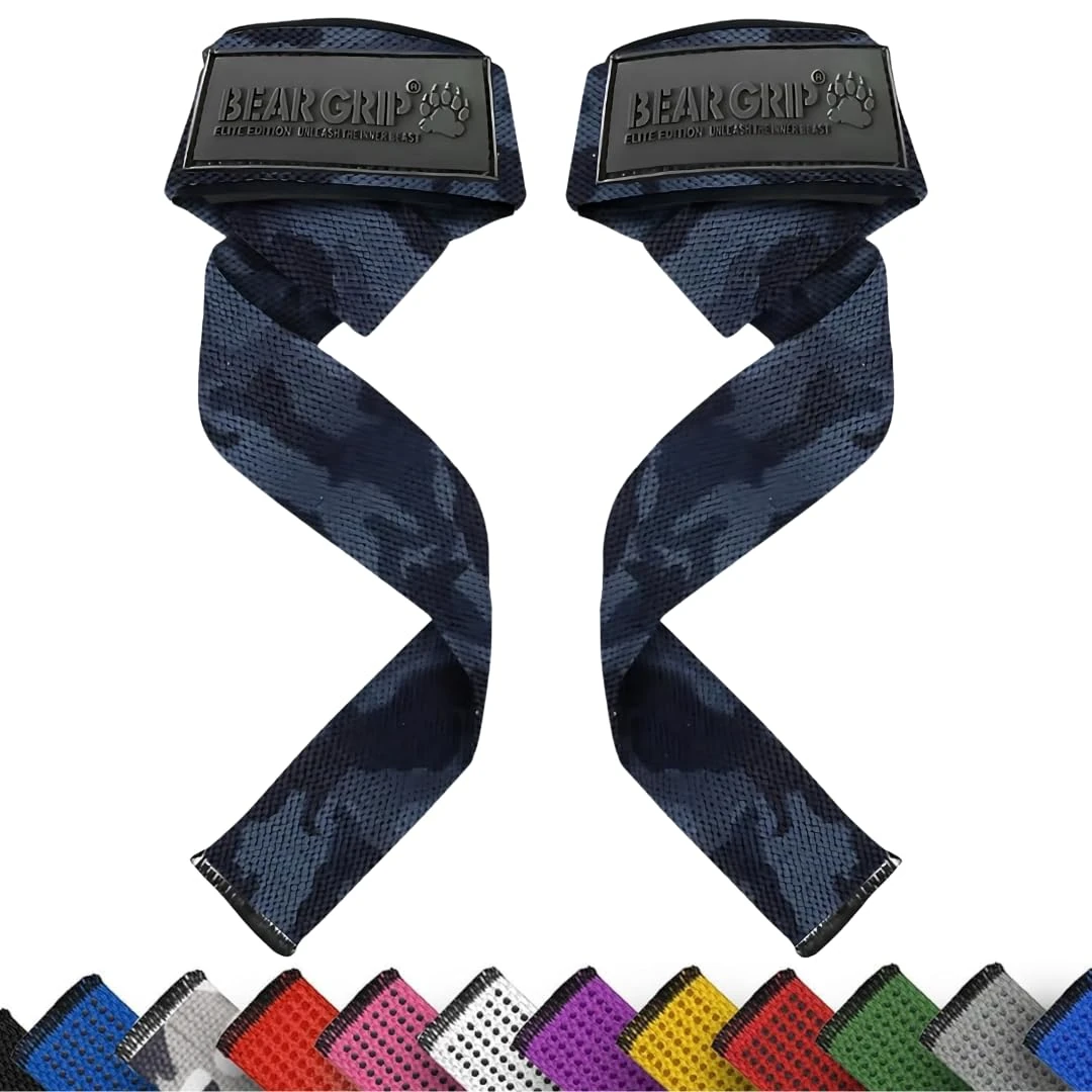 BEAR GRIP Straps - Premium Neoprene Padded Heavy Duty Double Stitched Weight Lifting Straps, Deadlift, Gym Accessories for Men and Women, Advanced Gel Grip, 100% cotton, Extra long length (Black/camo)