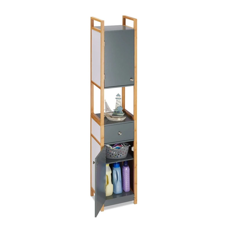 Relaxdays Tall Bathroom Cupboard, Bath Shelves, Two-Door, MDF, Bamboo Frame, HWD 165 x 31.5 x 29 cm, Grey