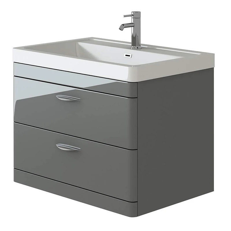 VeeBath Cyrenne High Gloss White Wall Mounted Vanity Storage Basin Cabinet Unit & Polymarble Soft Edges Sink