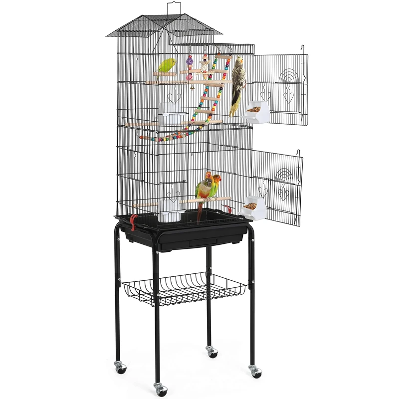 Yaheetech Bird Cage Large Roof Top Budgie Cage Metal Parrot Cage with Rolling Stand for Cockatiel Parakeet Finch Lovebird Black