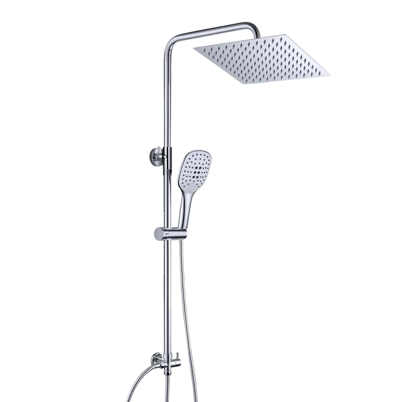 JOHO Shower Set in Stainless Steel 304 with Bathroom Shower System with Shower Bracket Adjustable Height Shower Bar Column with Overhead Rainfall Shower Angle Adjustable Chrome 25x25cm.
