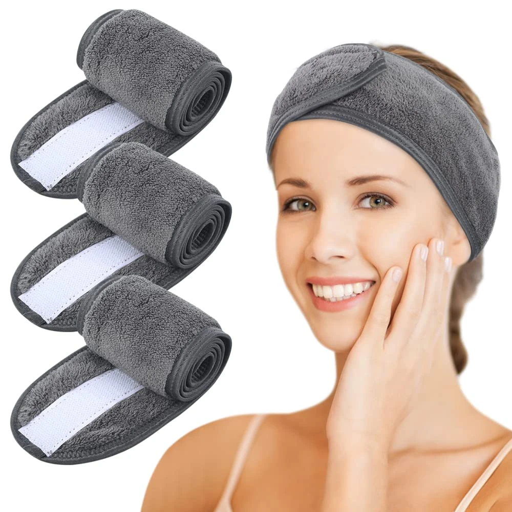 KinHwa 3 Pack Spa Facial Headband Makeup Hair Band Women Skincare Adjustable Microfibre Headband for Washing Face Sports Yoga Grey