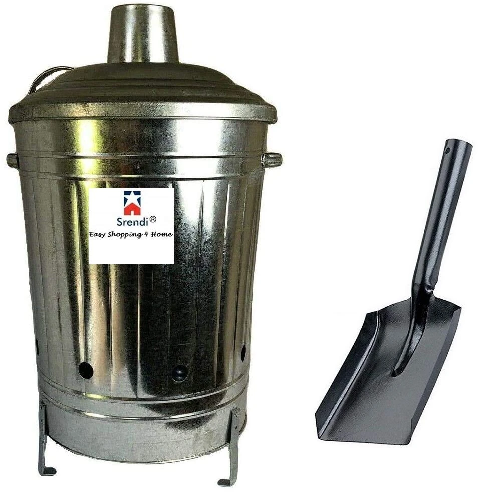 Srendi® Small Medium Large 15L 60L 90L Litre Metal Galvanised Garden Incinerator Fire Bin Burning Leaves Paper Wood Rubbish Dustbin Shovel Poker Made in U. K. (60L INC+Shovel)