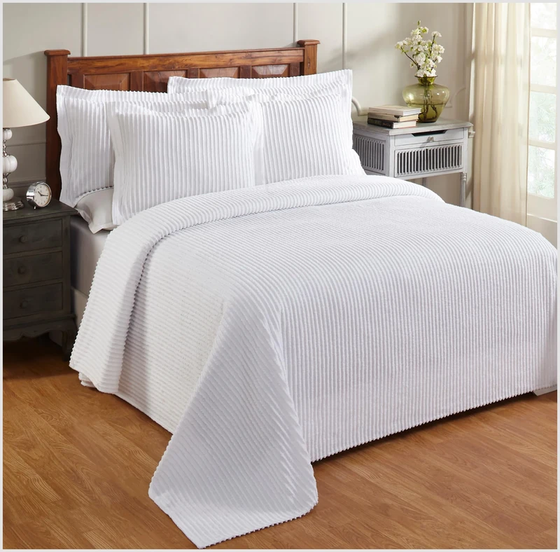 Better Trends 100% Cotton Chenille King Size Striped Lightweight Bedspread, White