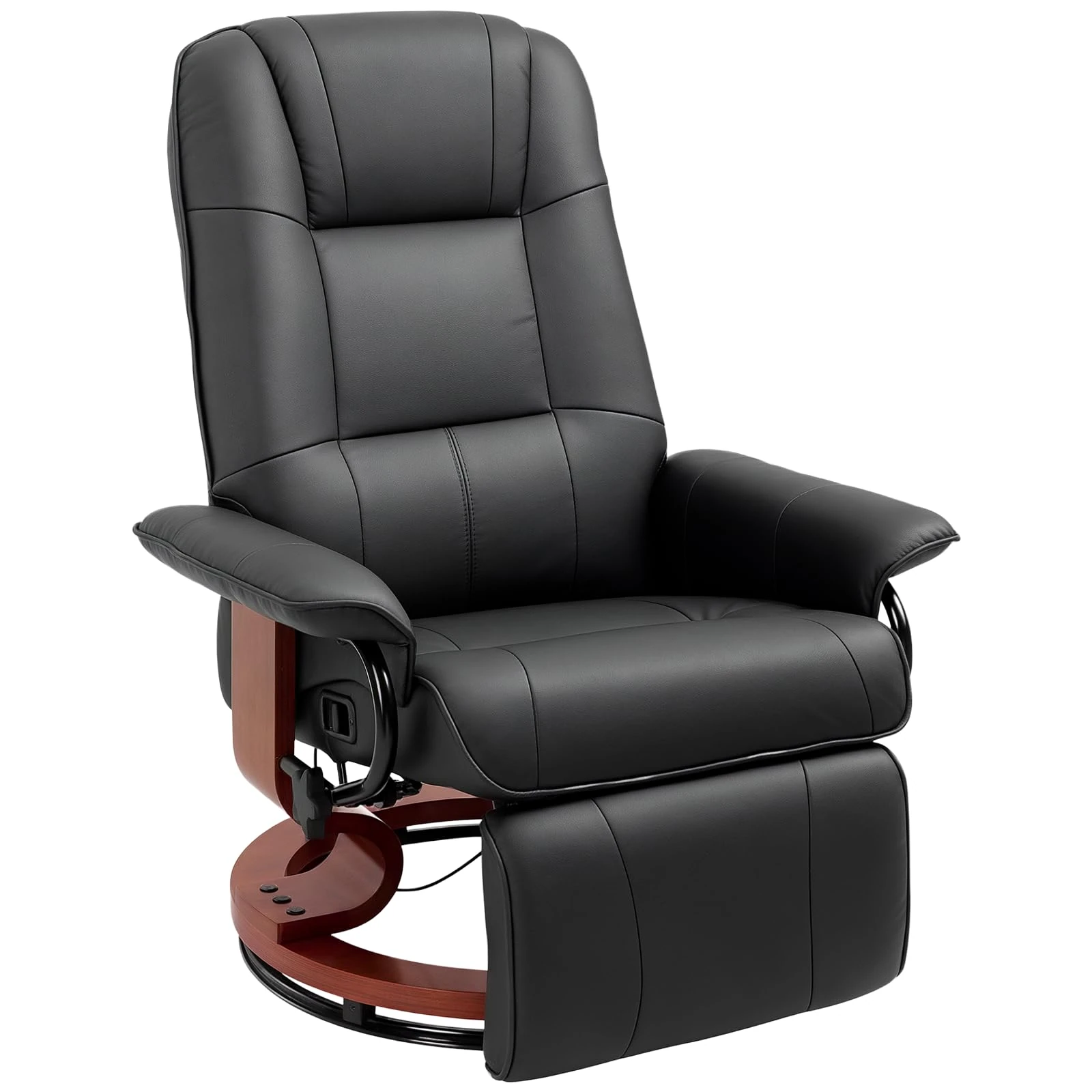 HOMCOM 360° Swivel Recliner Chair with Footstool, Manual Recliner Armchair with Wooden Base, PU Leather Upholstered Reclining Chair for Living Room, Bedroom, Office, Black