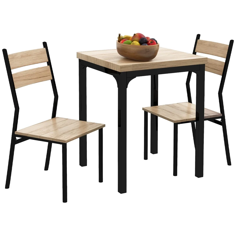 HOMCOM 3 Pieces Modern Dining Table Set, Kitchen Table and Chairs for 2, Space Saving Design, Breakfast Nook Table Set with Steel Legs for Kitchen, Small Space, Light Wood Effect