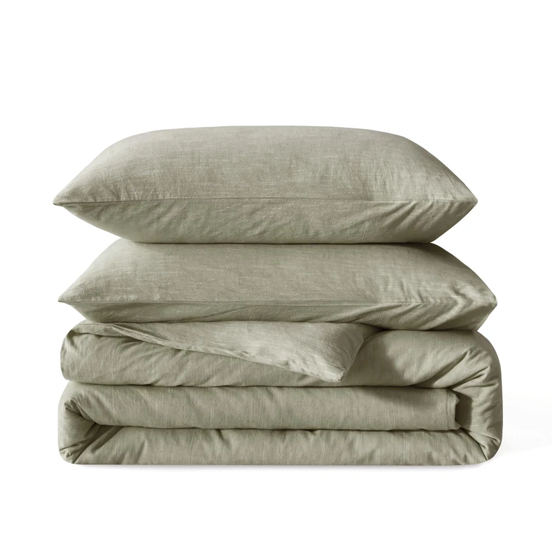 BFS HOME Linen Duvet Cover King Size - Soft Breathable Cotton Linen Blend, 3-Pieces Bedding Set with 2 Pillowcases, Stonewashed Texture, Green, All-Season Comfort