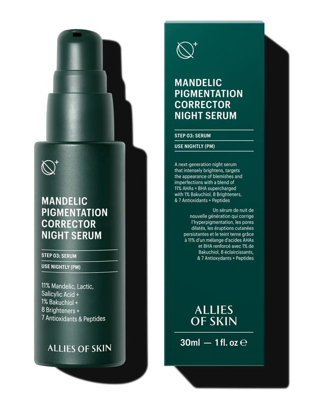 Allies of Skin Mandelic Pigmentation Corrector Night Serum: Mandelic, Lactic & Salicylic Acid, Hyaluronic Acid, Niacinamide, Bakuchiol, Rosehip & Tamanu Oils. Exfoliate & Target Uneven Skin Tone 1 oz / 30 ml