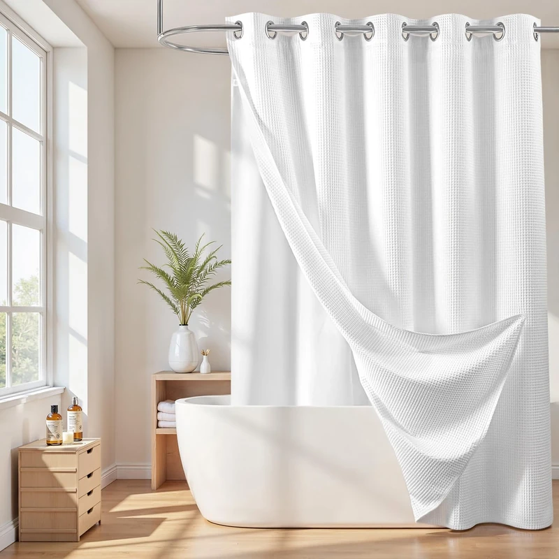 River Dream Hotel Grade No Hooks Needed Shower Curtain with Snap in Liner,Water Repellent, Machine Washable (White, 71"x86"(W/Liner))