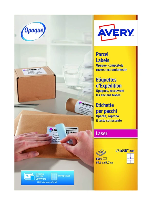 Avery L7165B Parcel Labels for Laser Printers – Customisable Printable Shipping Stickers, 8 Labels per A4 Sheet, 800 BlockOut Blank White Adhesive Label Sheet– L7165B-100