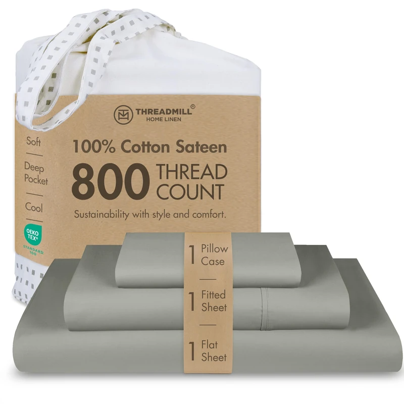 Threadmill 800 Thread Count Cotton Twin XL Sheet Set, Sateen, Solid, Grey