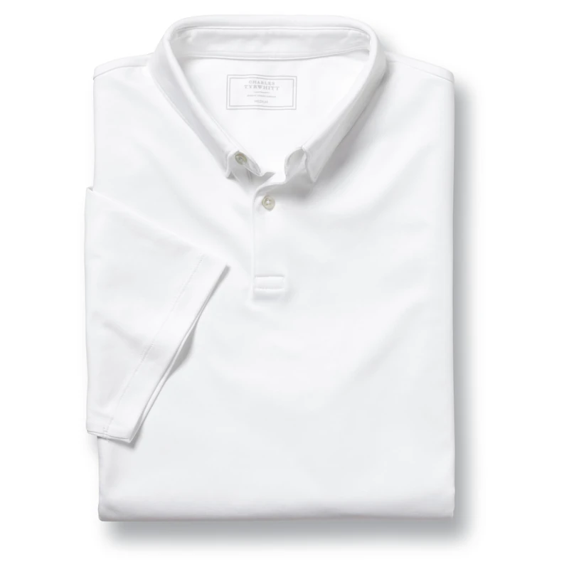 Charles Tyrwhitt Polo Shirts for Men - Smart White Jersey Cotton Polo with Concealed Button-Down Collar - Breathable & Stylish T Shirt for Men UK - Classic & Modern Men's Polo-Shirts Short Sleeve